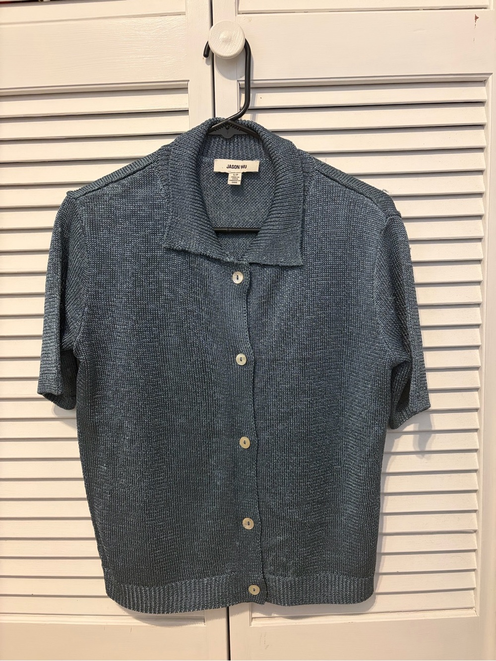 Jason Wu Blue Short-Sleeve Knit Button-Up Top